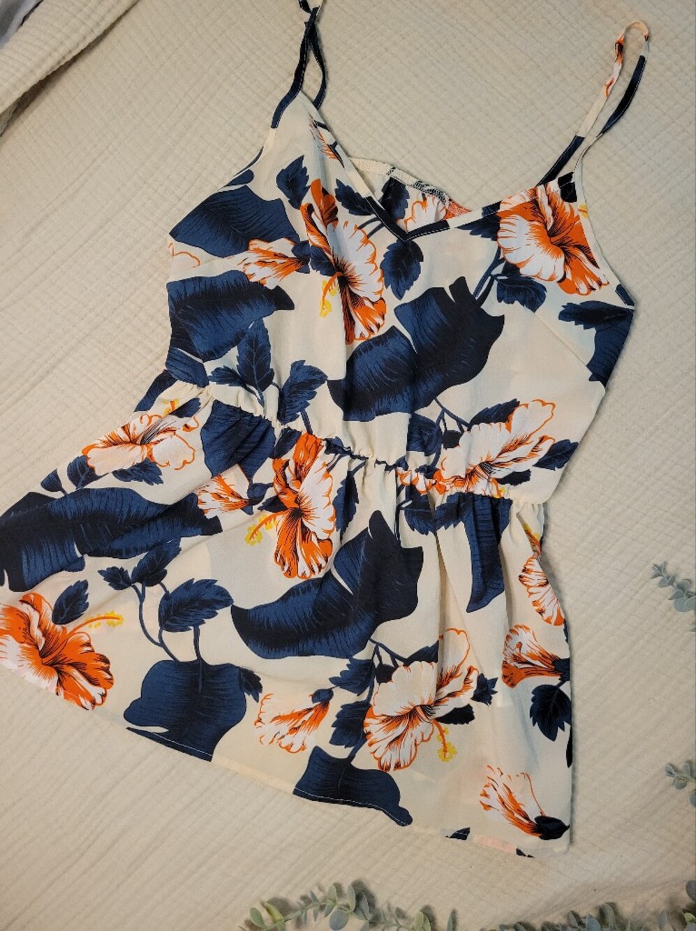 Floral Navy & Orange Spaghetti Strap Romper